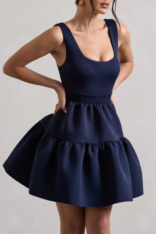 Alia | Navy Scoop-Neck Tiered Volume Hem Mini Dress