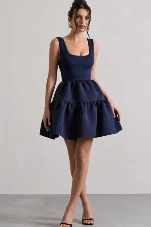 Alia | Navy Scoop-Neck Tiered Volume Hem Mini Dress