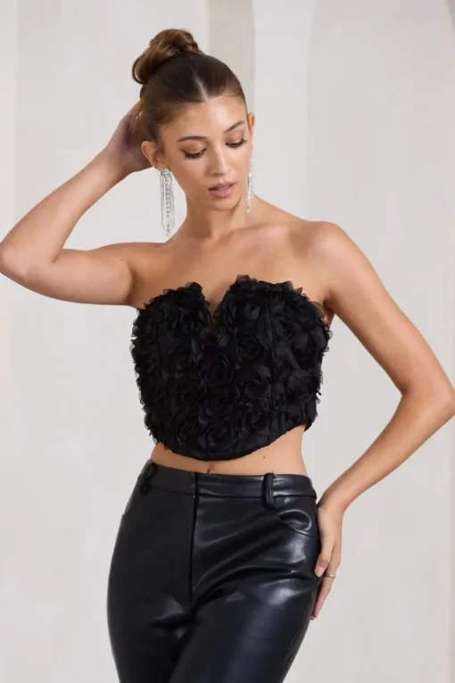 Alicia | Black Floral Mesh Strapless Corset Top