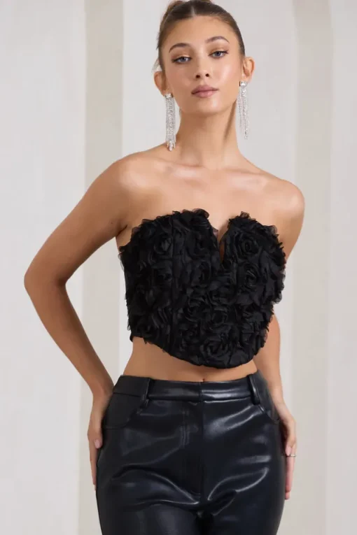 Alicia | Black Floral Mesh Strapless Corset Top