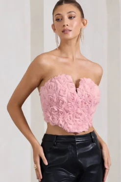 Alicia | Blush Pink Floral Mesh Strapless Corset Top
