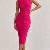 Alight | Fuchsia Pink Ruched Mesh Sleeveless Bodycon Midi Dress