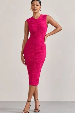 Alight | Fuchsia Pink Ruched Mesh Sleeveless Bodycon Midi Dress