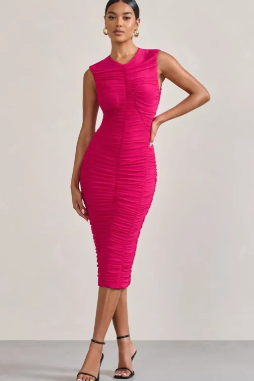 Alight | Fuchsia Pink Ruched Mesh Sleeveless Bodycon Midi Dress