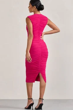 Alight | Fuchsia Pink Ruched Mesh Sleeveless Bodycon Midi Dress