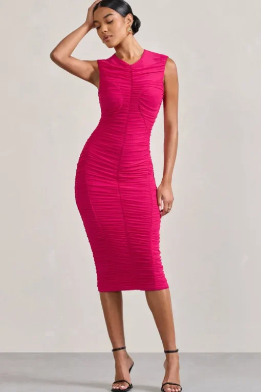 Alight | Fuchsia Pink Ruched Mesh Sleeveless Bodycon Midi Dress
