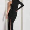 Alina | Black Ruched High-Neck Asymmetric Split Maxi Dress