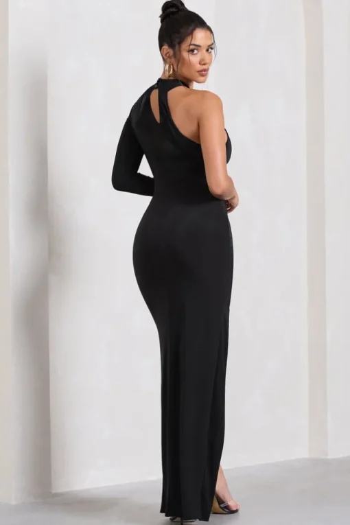 Alina | Black Ruched High-Neck Asymmetric Split Maxi Dress