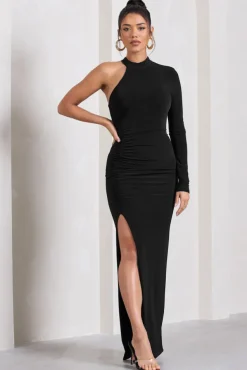 Alina | Black Ruched High-Neck Asymmetric Split Maxi Dress