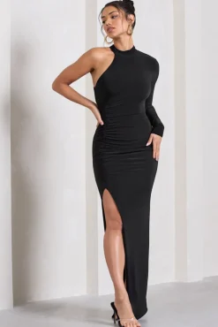 Alina | Black Ruched High-Neck Asymmetric Split Maxi Dress