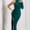 Alina | Bottle Green Ruched High-Neck Asymmetric Split Maxi Dress