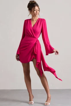 Alinta | Hot Pink Long-Sleeve Wrap Mini Dress