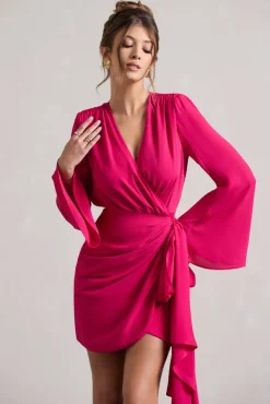 Alinta | Hot Pink Long-Sleeve Wrap Mini Dress