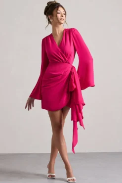 Alinta | Hot Pink Long-Sleeve Wrap Mini Dress