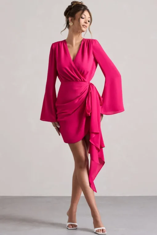 Alinta | Hot Pink Long-Sleeve Wrap Mini Dress