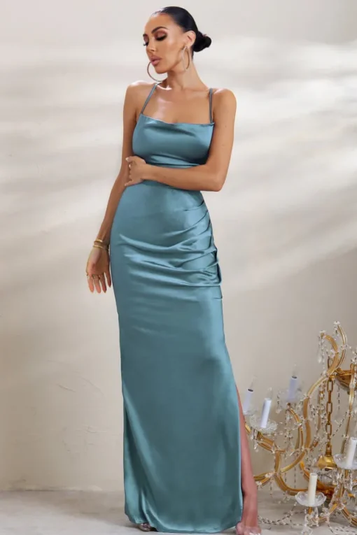 A-List | Blue Satin Cowl Maxi Dress With Thigh Split