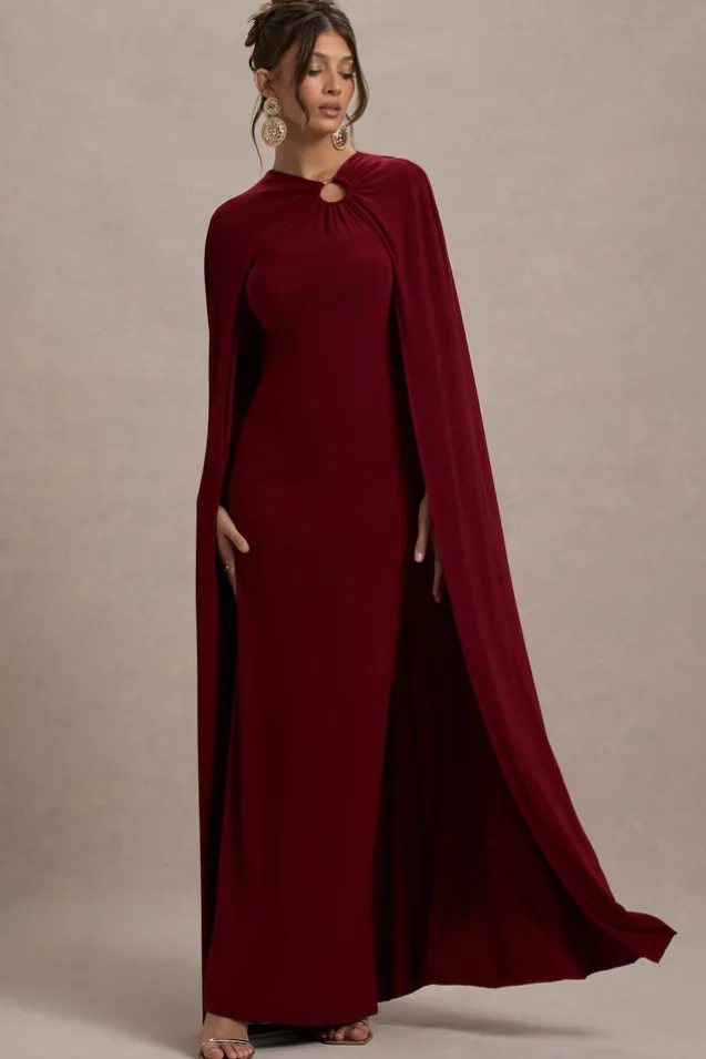 Aliza | Berry Cape Maxi Dress With Gold Ring