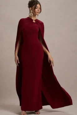 Aliza | Berry Cape Maxi Dress With Gold Ring
