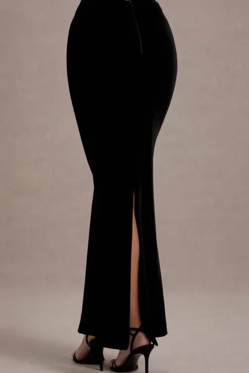 Alize | Black Velvet Split Maxi Skirt