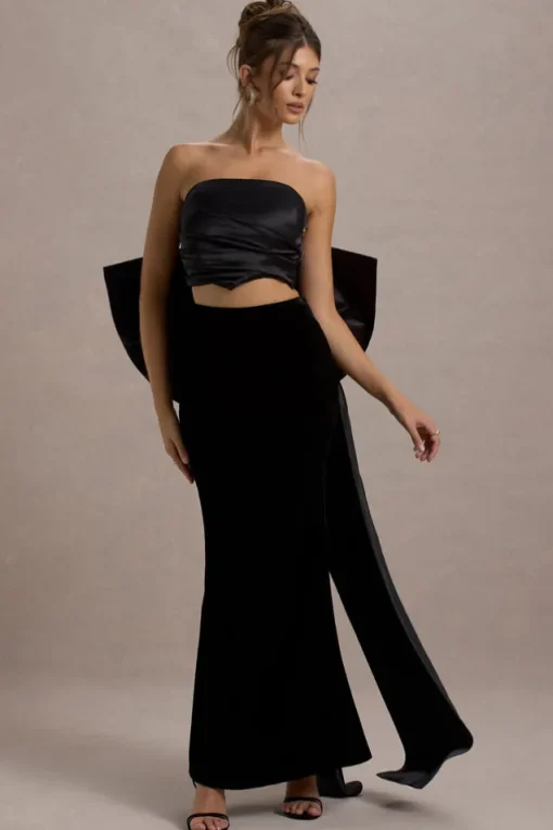Alize | Black Velvet Split Maxi Skirt