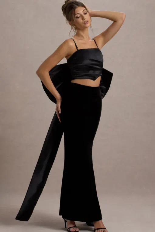 Alize | Black Velvet Split Maxi Skirt