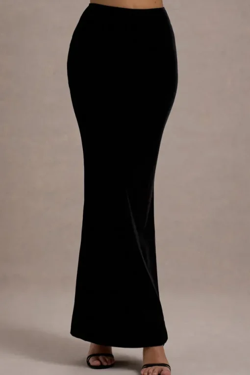Alize | Black Velvet Split Maxi Skirt