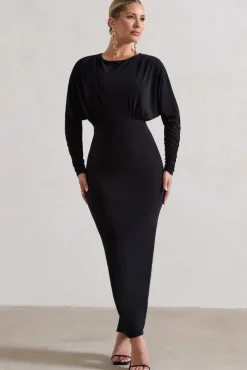 All It Takes | Black Long-Sleeve Draped Maxi Dress
