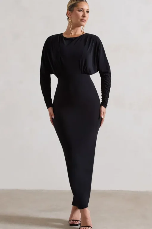 All It Takes | Black Long-Sleeve Draped Maxi Dress