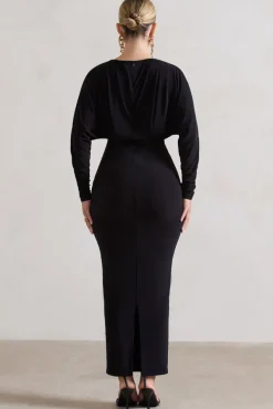 All It Takes | Black Long-Sleeve Draped Maxi Dress