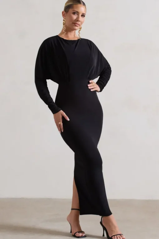 All It Takes | Black Long-Sleeve Draped Maxi Dress