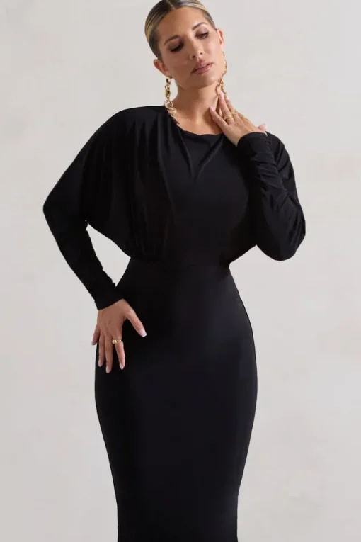 All It Takes | Black Long-Sleeve Draped Maxi Dress