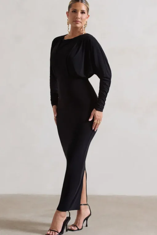 All It Takes | Black Long-Sleeve Draped Maxi Dress