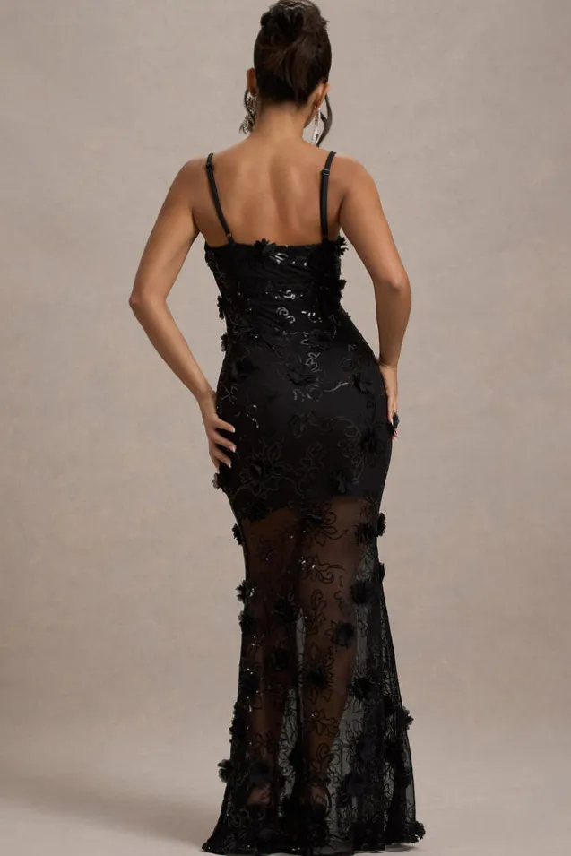 All Of Me | Black Sequin Sheer Maxi Dress With Flowers