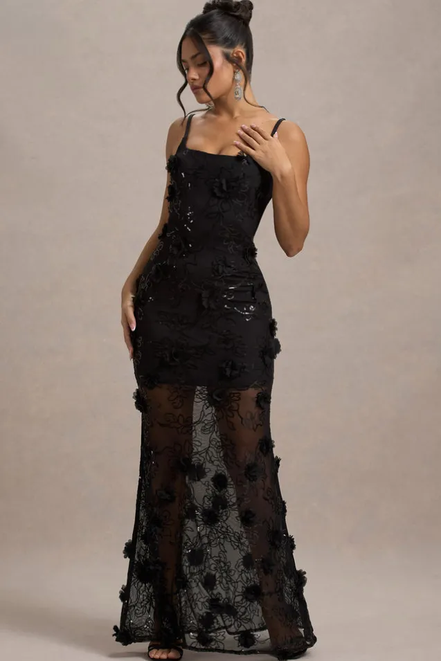 All Of Me | Black Sequin Sheer Maxi Dress With Flowers