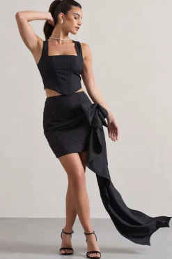 All The Talk | Navy Pinstripe Wrap Mini Skirt With Side Drape