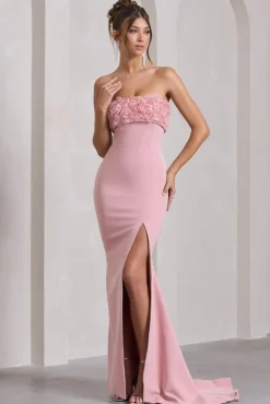 Allegra | Pink Bandeau Split Fishtail Maxi Dress With Flowers