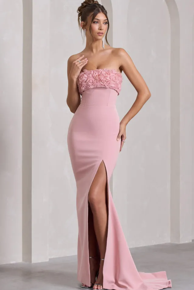 Allegra | Pink Bandeau Split Fishtail Maxi Dress With Flowers