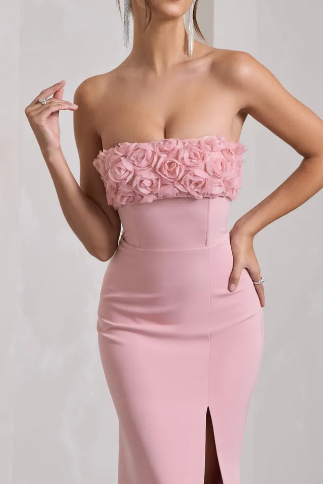 Allegra | Pink Bandeau Split Fishtail Maxi Dress With Flowers
