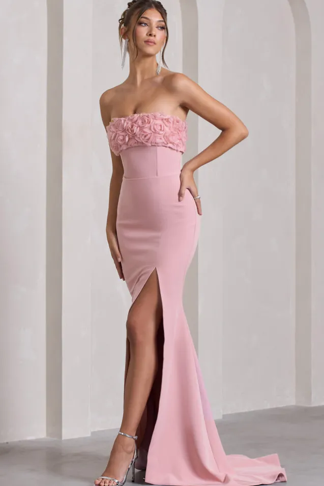 Allegra | Pink Bandeau Split Fishtail Maxi Dress With Flowers