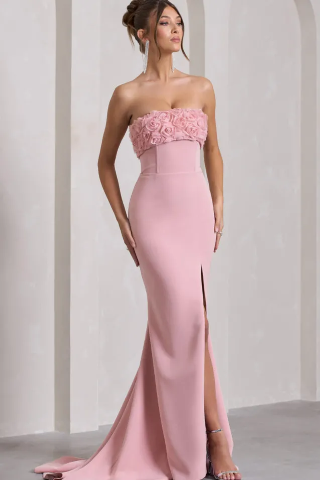 Allegra | Pink Bandeau Split Fishtail Maxi Dress With Flowers