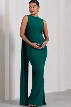 Allora | Bottle Green High-Neck Sleeveless Cape Maternity Maxi Dress