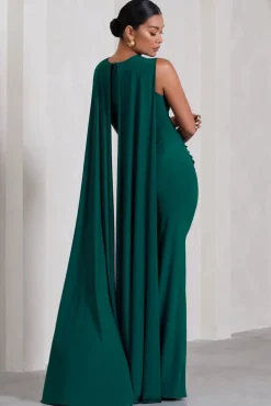Allora | Bottle Green High-Neck Sleeveless Cape Maternity Maxi Dress