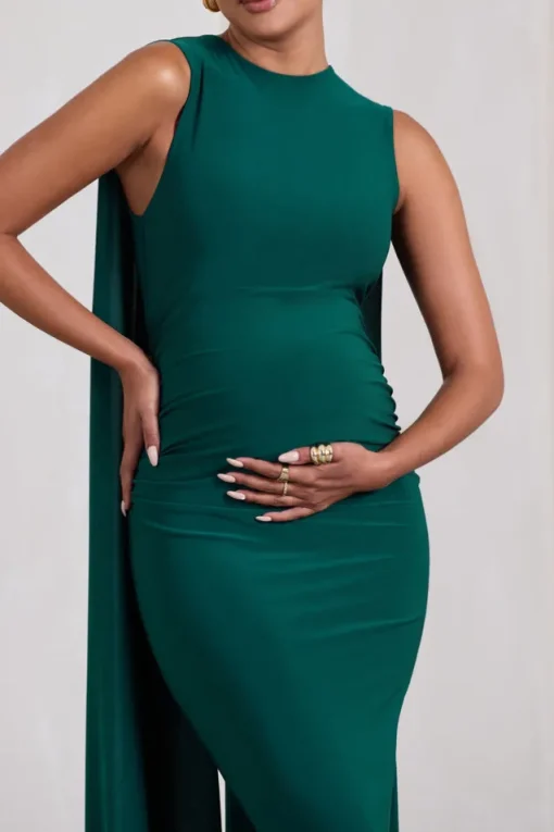 Allora | Bottle Green High-Neck Sleeveless Cape Maternity Maxi Dress