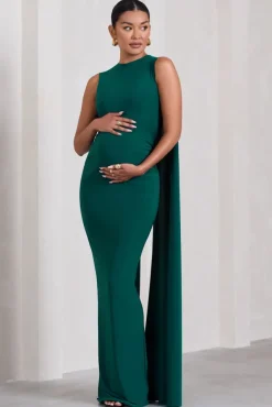 Allora | Bottle Green High-Neck Sleeveless Cape Maternity Maxi Dress