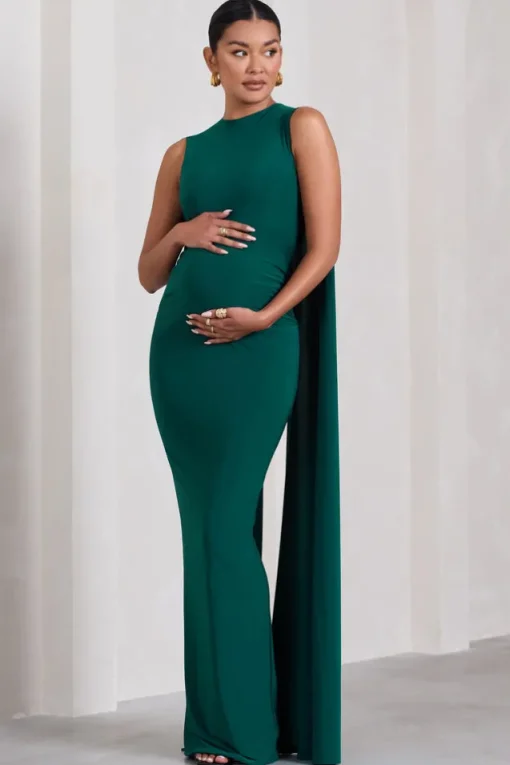 Allora | Bottle Green High-Neck Sleeveless Cape Maternity Maxi Dress