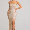 Almira | Champagne Sequin Bandeau Maxi Dress With Split Hem