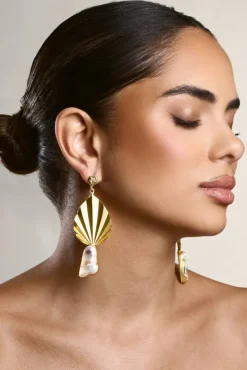Aloha | Gold Leaf Drop Earrings With Iridescent Shell
