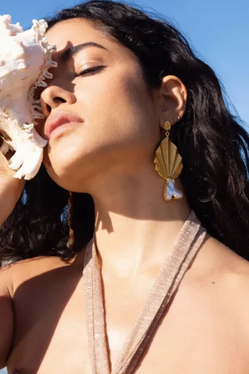 Aloha | Gold Leaf Drop Earrings With Iridescent Shell