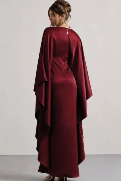 Alohi | Berry Satin Plunge Cape Maxi Dress