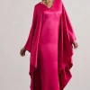 Alohi | Hot Pink Satin Plunge Cape Maxi Dress